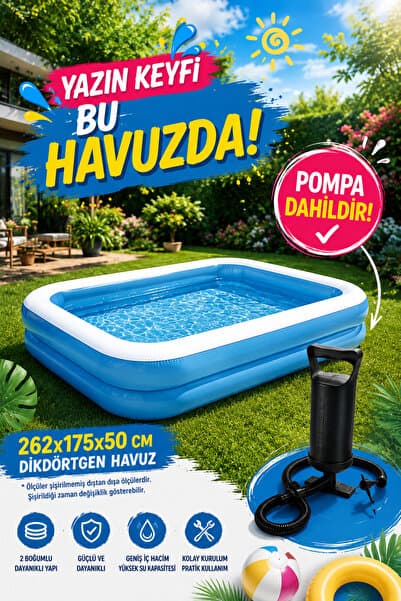 HAK İŞ OYUNCAK 262x175x50 Cm Dikdörtgen Şişme Aile Havuzu + 30 Cm Çift Fonksiyon El Pompası Dahil