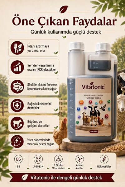 Vitatonic 500 ml Ölçekli Şişe Vitamin Amino Asit B Grubu A D E K İçerikli Çiftlik Hayvanları Destek
