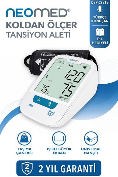 neomed DBP-6281 Türkçe Konuşan Büyük Ekranlı Bluetoothlu Üst Koldan Dijital Tansiyon Aleti