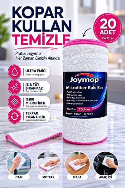 JOYMOP (20 Yaprak) Overlok Kenarlı Mikrofiber Kopart-Kullan Temizlik Bezi – 25×32 cm – Yıkanabilir Genel Temizlik Bezi