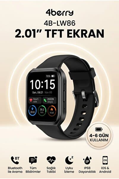 4 Berry 4B-LW86 Akıllı Saat 2.01” TFT Ekran Bluetooth Arama Özellikli IP68 Suya Dayanıklı Spor Modlu Nabız Uyku Kan Oksijen Takipli Siyah Smart Watch