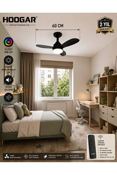 Hoogar German New Black Super Fan 60 CM Kalın Kanat Dim Ayarlı Tavan Vantilatörü RGB Led 18 Renk Sessiz Sinek Kovar