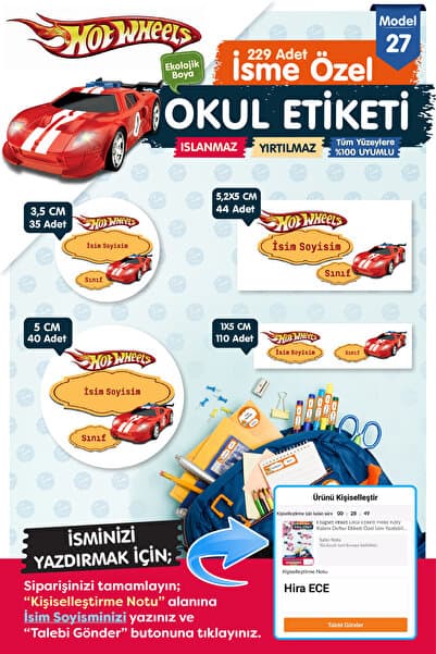 t tuğset etiket Okul Etiketi Hot Wheels Kalem Defter Etiketi Özel İsim Yazılabilen Etiket Seti - İsim Etiketi-T557-O