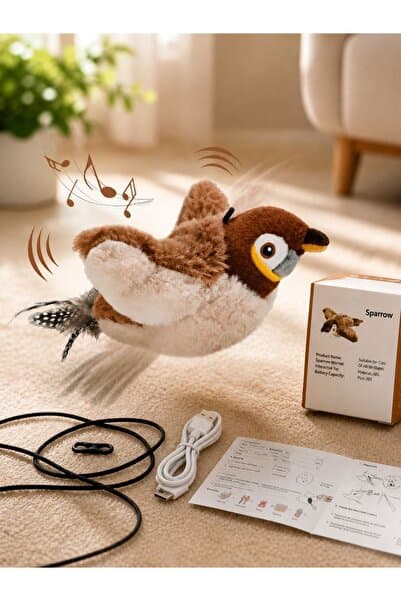 Genel Markalar USB Şarjlı Uçan Kuş Kedi Oyuncağı Sesli & Hareketli Peluş Kedi Oyuncağı Kutulu