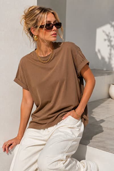 Rich Kadın Kahverengi Pamuklu Duble Kol Detaylı Rahat Kalıp T-Shirt