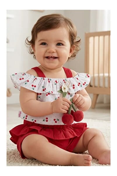Mini Baray Kirazlı Fırfırlı Askılı Şortlu Kız Takım (6,9,12 Ay)
