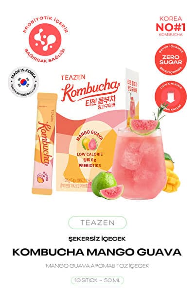 TEAZEN Probiyotik Ve Lif İçeren Bağırsak Sağlığı Destekli Şekersiz İçecek Kombucha Mango Guava