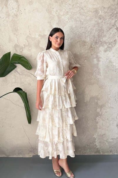 Elbee Fashion Woman Bej Kat Kat Desenli Elbise