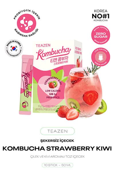 TEAZEN Probiyotik Ve Lif İçeren Bağırsak Sağlığı Destekli Şekersiz İçecek Kombucha Strawberry Kiwi