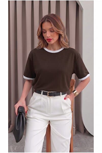Teenage Millionaire Kadın Kahverengi Beyaz Biye Garnili Orta Kalın Soft Kumaş Bisiklet Yaka Yarım Oversize Salaş T-shirt