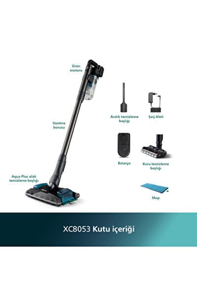8000 Serisi Aqua Kablosuz Dik Süpürge, 80 dk'ya Çalışma, PrecisionPower Aqua Plus Başlık, XC8053/01