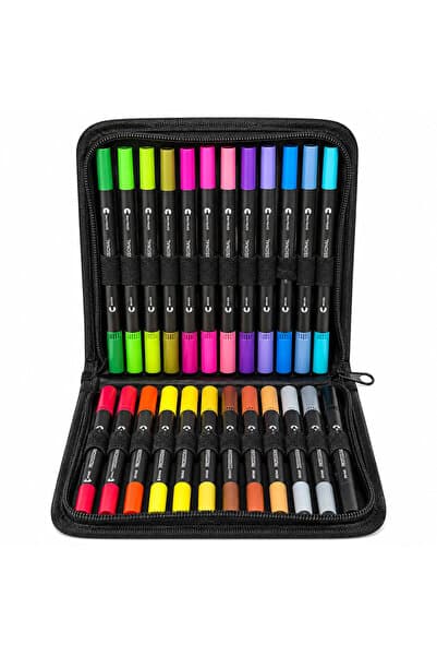 armex 24 Lü Çift Uçlu Fırça Ve 0.4 Mm Fine Uçlu Marker Kalem Seti Deri Tarzı Cüzdanlık Kalem Seti Pro