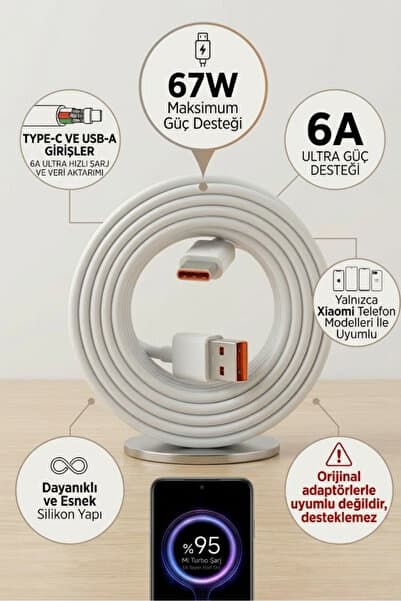 yumax Type-C Şarj Kablosu 6A Hızlı Şarj 67W USB C Data Transfer Android Uyumlu 1m