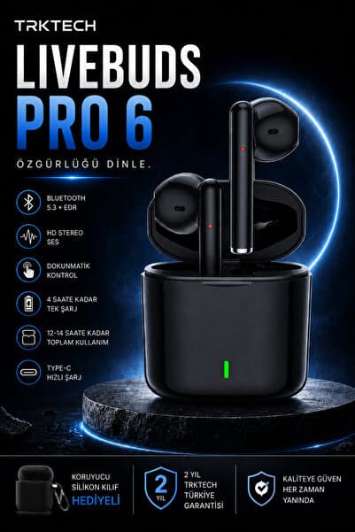 TrkTech Livebuds Pro 6 Siyah Kablosuz Bluetooth Kulaklık Bluetooth 5.3 TWS iOS Android Uyumlu HD Stereo Ses Dokunmatik Şarj Kutulu Kılıf Hediyeli