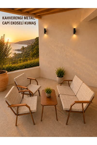 Dekoroom's VİENTO 2-1-1 BAHÇE BALKON MOBİLYASI,SEHPALI, KAHVE İSKELET KUMAŞ RENGİ 04 CAPPUCCİNO EKOSELİ