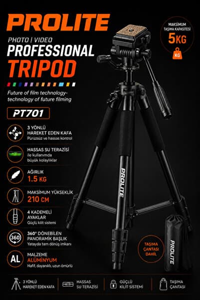 Prolite Professional Lighting Hidrolik Kafa Video Kamera Pr701 Tripod 5 kg taşıma kapasite 210 cm (Dslr Fotoğraf Makinası Projeksiyon Dürbün teleskop )