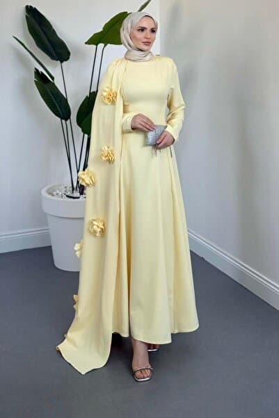 MERVEN AKYÜZ Feline Pelerinli Arkası İpli Abiye Butter Yellow