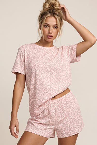 Siyah İnci BEYAZ SOMON leopar desenli bisiklet yaka Örme Şortlu Pijama Takım 8056