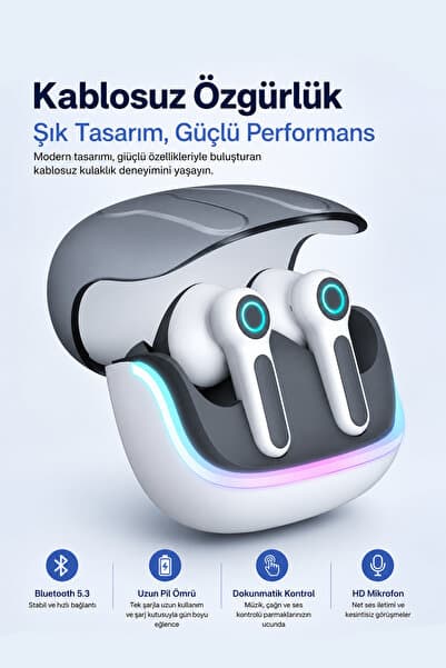 TECHNOMEN Bluetooth 5.3 Oyuncu Kablosuz Kulaklık TWS, 4 Mikrofonlu ENC Gürültü Engelleme,45ms Düşük Gecikme IPX5 Suya Dayanıklı, RGB LED Şarj Kutulu 60 Saat Pil Ömrü