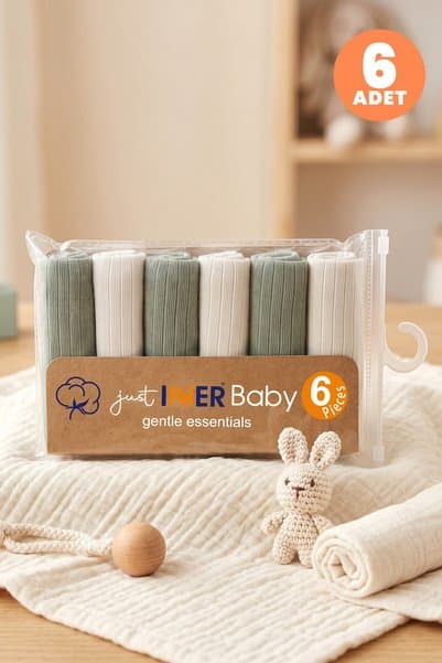 Just inner Erkek Bebek 6'lı %100 Pamuk Ağız Mendili Düz Renk Dokulu Kutulu Set Nefes Alan Doku (5822