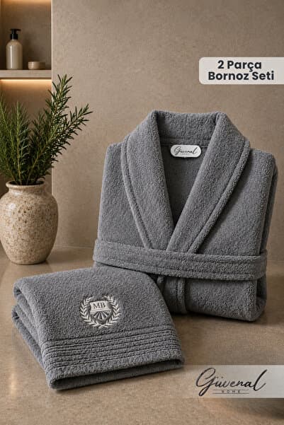 Güvenal Rüya 2 Parça Pamuk Nakışlı Bornoz Seti | Bornoz | Havlu | Çeyiz Seti - Antrasit