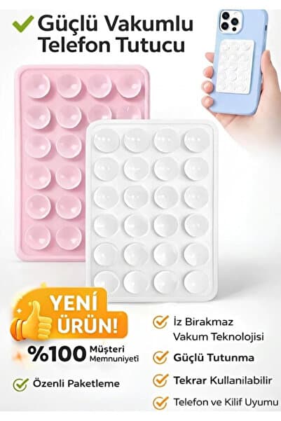 Vakumlu Silikon Vantuzlu Yapışkanlı Telefon Tutucu (1 ADET) Pembe Beyaz