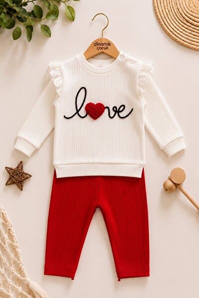 dinamik çocuk Kız Bebek/Çocuk Love Kalp Nakışlı Omuzdan Çıtçıtlı Bebek Takımı 2li Alt Üst Mevsimlik Aylık 3-6-9-12
