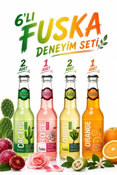 Fuska 6'lı Tadım Seti - Kuzukulağı Portakal Gül Kaktüs Özel Pancar Şekeri/Kalorisiz Doğal Mineralli Gazlı İçecekler 250ml x 6 Adet