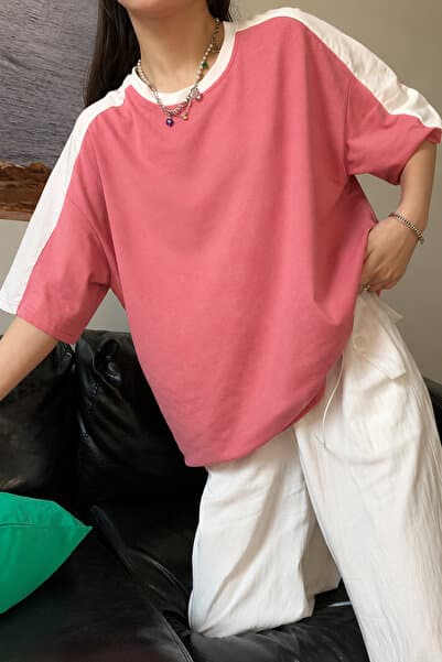 CLAYES Pembe Gövde Omuz Beyaz Şeritli Süprem T-Shirt - Oversize Bisiklet Yaka Kısa Kol Tişört