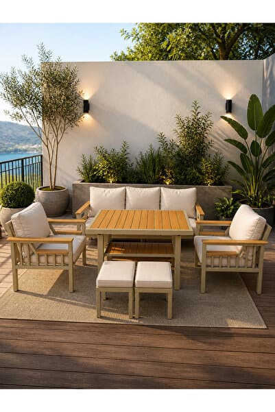 Rovena RODİ Balkon Takımı, Cappuccino Bahçe Takımı 5+1 (Masa 70x110 3lü Koltuk 70x180 Tekli Koltuk 70x70)