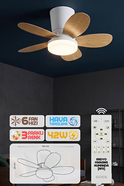 Enshall 64cm Modern Goes Uzaktan Kumandalı 5 Kanatlı Tavan Vantilatörü Ve Led Lamba Işık 42W
