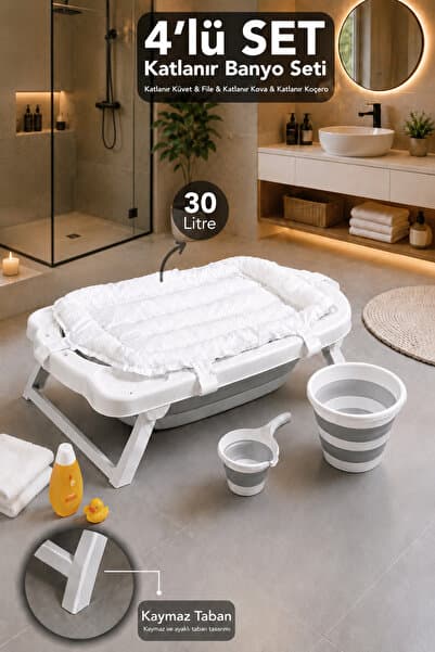 Meleni Baby 4'lü Lüks Akordiyon Bebek Banyo Seti - Kaymaz Taban Bebek Küveti Su Kovası Maşrapa Köpük Fileli Gri