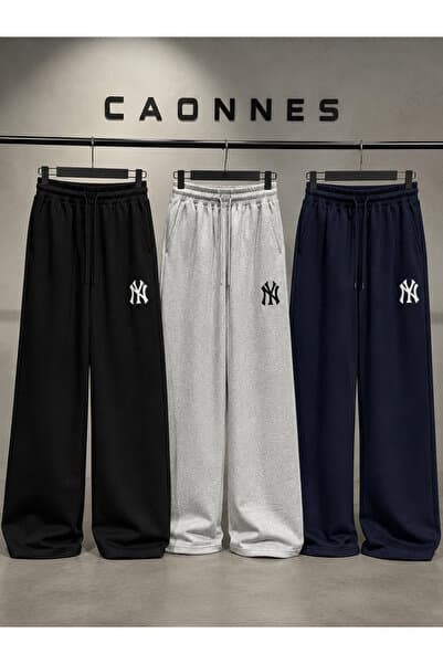 CAONNES 3'lü NY Baskılı Mevsimlik Eşofman Altı (siyah-gri-lacivert) Basic Oversize Günlük Rahat Kesim