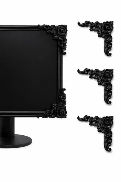YS Print Gül Motifli Dekoratif Köşe Apliği - Vintage Rokoko Tarz Ayna & Monitör Çerçeve Süsü (5'li Siyah Set)