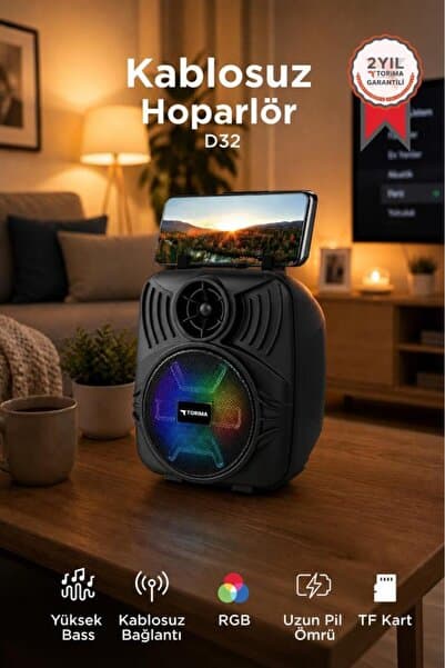 Torima Bluetooth Hoparlör Telefon Tutacaklı Taşınabilir Şarjlı USB TF Kablosuz Speaker D32 Siyah