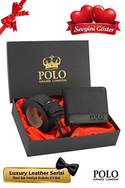 POLOGRAND London Orijinal Erkek Özel Hediye Kutulu 2'li Set Luxury Serisi Damat Hediyelik Şık Deri Kemer Cüzdan Seti