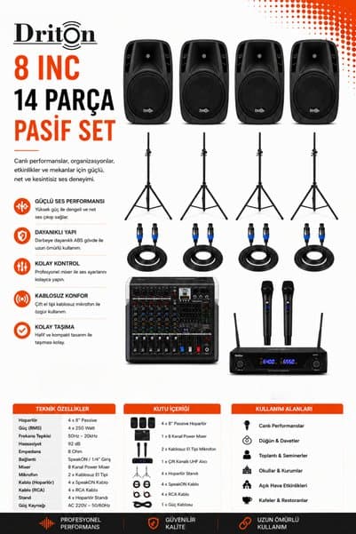 MELVED MÜZİK 8 INC 14 PARÇA PASİF HOPARLÖR DAVET EVİ KINA ORGANİZASYON DÜĞÜN SALONU OKUL VE KONFERANS SALONU SET