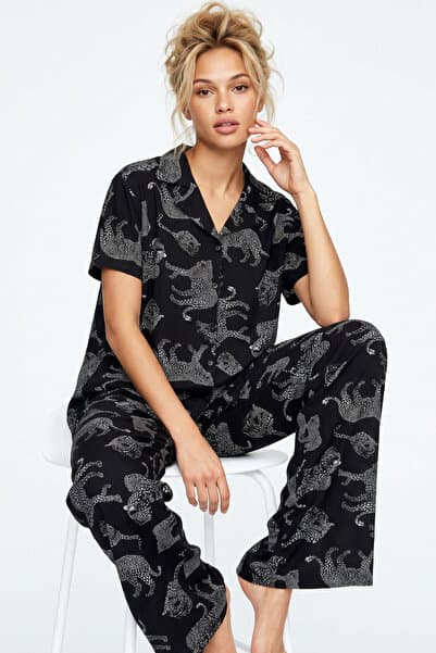 Siyah İnci siyah beyaz kaplan leopar baskılı Gömlek Yaka Düğmeli Örme Pijama Takım