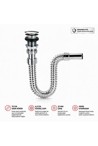 Genel Markalar Krom Basmalı Pop-Up Lavabo Sifonu, Su Tasarruflu, Modern Banyo ve Mutfak Sifonu plastik üzeri krom kaplama