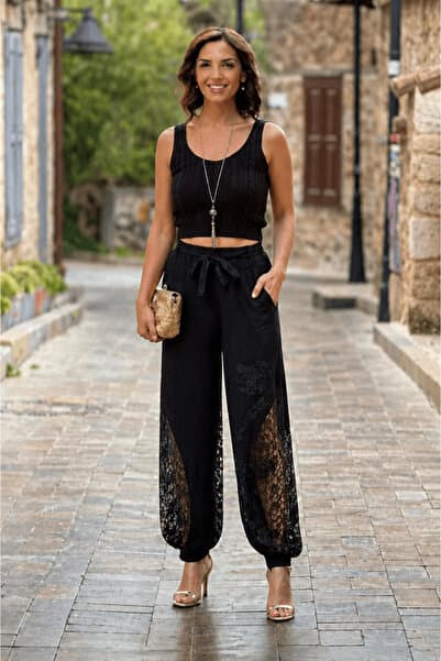 Nevin Kaya Moda Siyah Renk Dantelli Şalvar