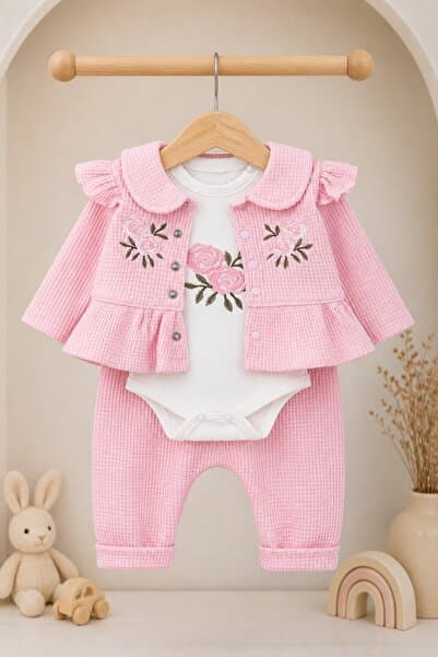 METEOR BABY Kız Bebek 3’lü Takım Çiçek Nakışlı Zıbınlı Mevsimlik Alt Üst Takım 0 3 6 9 12 Aylık