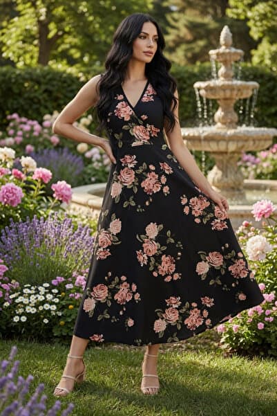 AZRA BUTİK Sıfır Kol Çiçek Desen Krep Elbise