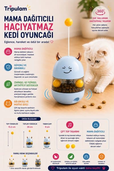 TRİPULAM Mama Dağıtıcılı Hacıyatmaz Kedi Oyuncağı – 360° Sallanan Ödül Mama Hazneli Oyuncak