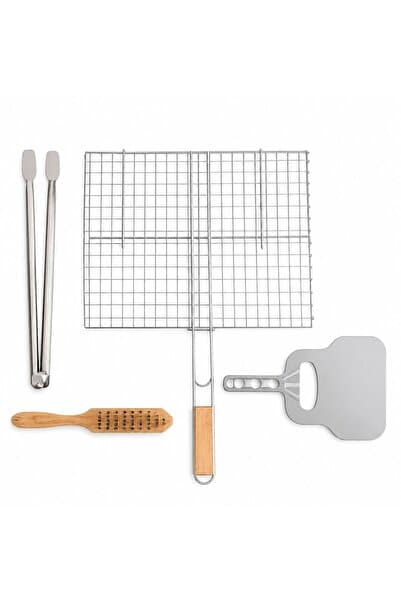 gucmetal Katlanır Mangal Tel Izgara Seti – Ahşap Saplı Grill Basket + Maşa, Spatula ve Temizleme Fırçası