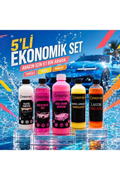 PROTEK 5’li Ekonomik Araç Bakım ve Temizlik Seti – Şampuan, Hızlı Cila, Plastik Yenileyici, Genel Temizleyici ve Lastik Parlatıcı