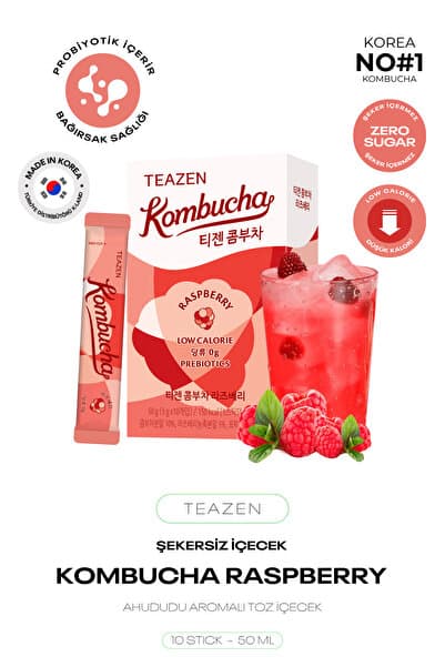 TEAZEN Probiyotik Ve Lif İçeren Bağırsak Sağlığı Destekli Şekersiz İçecek Kombucha Raspberry