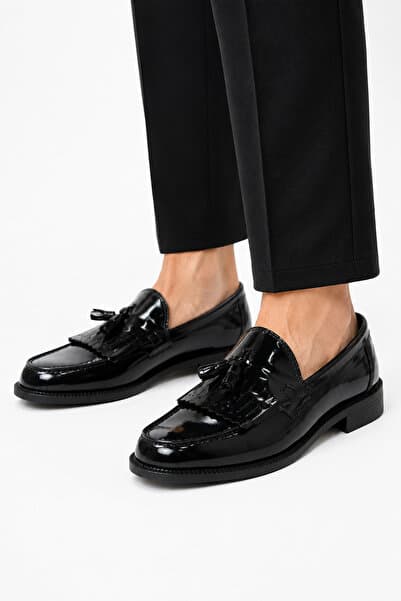 By Sabit Unisex Siyah Püsküllü Corcik Loafer Ayakkabı Bağcıksız Klasik Günlük Şık Kundura