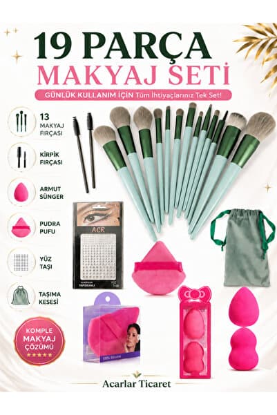 19 Parça Lüx Keseli Makyaj Fırça Seti Makyaj Süngeri Ve Fırça Seti