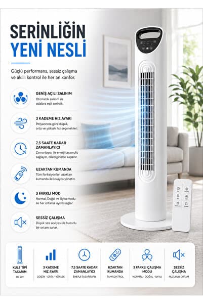 SMAYLİNG Sessiz Kule Vantilatör 80cm Uzaktan Kumandalı, 3 Hızlı, Salınımlı, Taşınabilir Fan