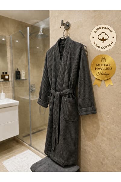 ÖZHANE TEKSTİL Unisex Waffle Pike Bornoz | %100 Pamuk | Gri Renkli